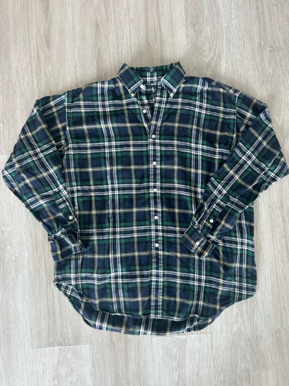 Polo Ralph Lauren Mens L Plaid Flannel Shirt Navy Green Cotton Long Sleeve